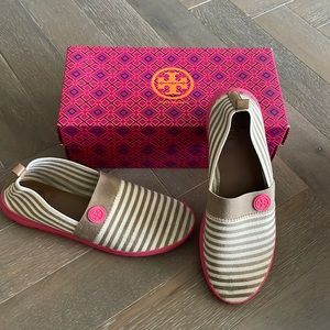Tory Burch Ivory/khaki stripe woven elastic espadrilles with pink size 9